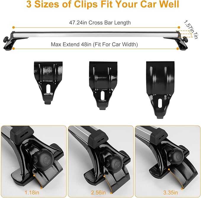 2Pcs Universal Roof Rack Cross Bars，47.24” Aluminum Cross Bars with 165LBS Capacity，Lightweight Car Roof Rack Cross Bars for Most Car Without Roof Side Rail for Bike Kayak Cargo Luggage