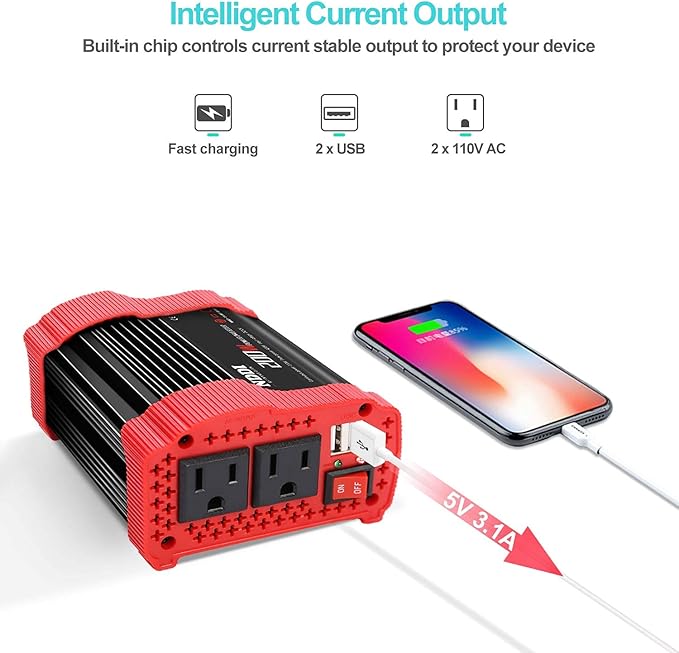 200W Car Power Inverter 12V DC to 110V AC Converter with 3.1 A Dual USB Quick Car Charger Adapter