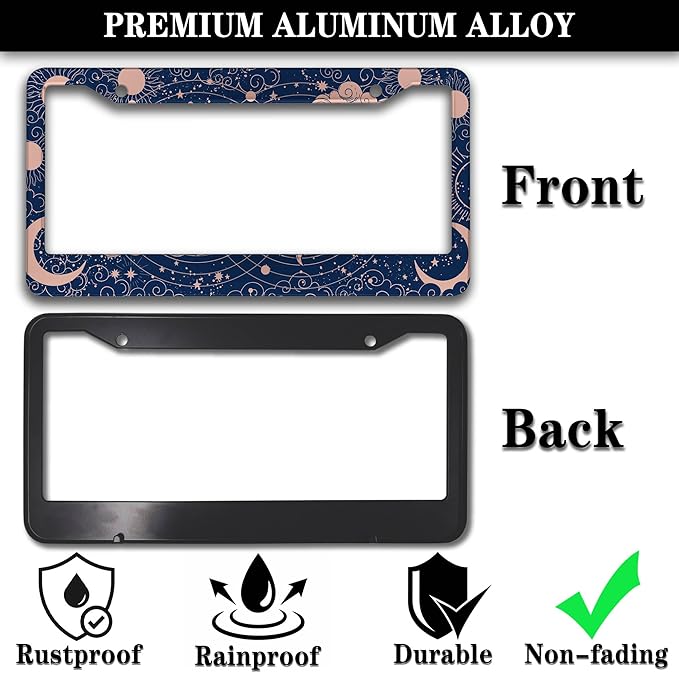 License Plate Frames for Women Blue License Plate Holder for Men Moon Sun Universal Aluminum Car Accessory 2 Pack with Screw Covers Set