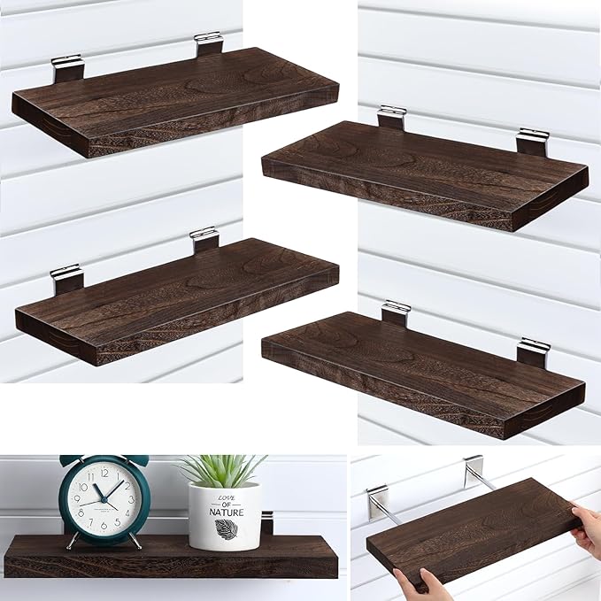 4 Pack Wooden Slatwall Shelf, 16.1" D x 6.7" W x 1.1" H Slatwall Shelves with Metal Hooks Organizer Set Mounted Accessories for Garage Home Workshop Workbench (Brown)