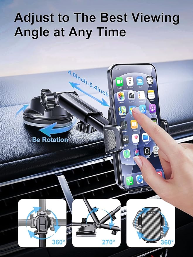 [2025 Most Stable & Flexible Suction Cup] 3-in-1 Car Phone Holder, Cell Phone Car Mount Fit for Vent/Dashboard/Windshield, All Phones, iPhone, Samsung and More