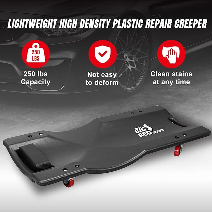 BIG RED Torin 36" Rolling Garage Creeper, Shop Creeper Blow Molded Plastic Mechanic Cart with Padded Headrest with 4 Casters, 350 LBS, Black