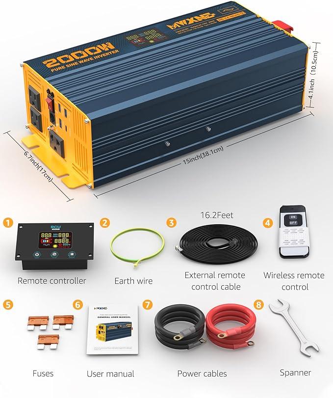 2000W Pure Sine Wave Power Inverter DC 12V to 110V 120V AC with 4 Quick Charging USB Ports& 3 AC Outlets Power Inverters for Vehicles RV Truck Home with LCD Display and Remote Controller