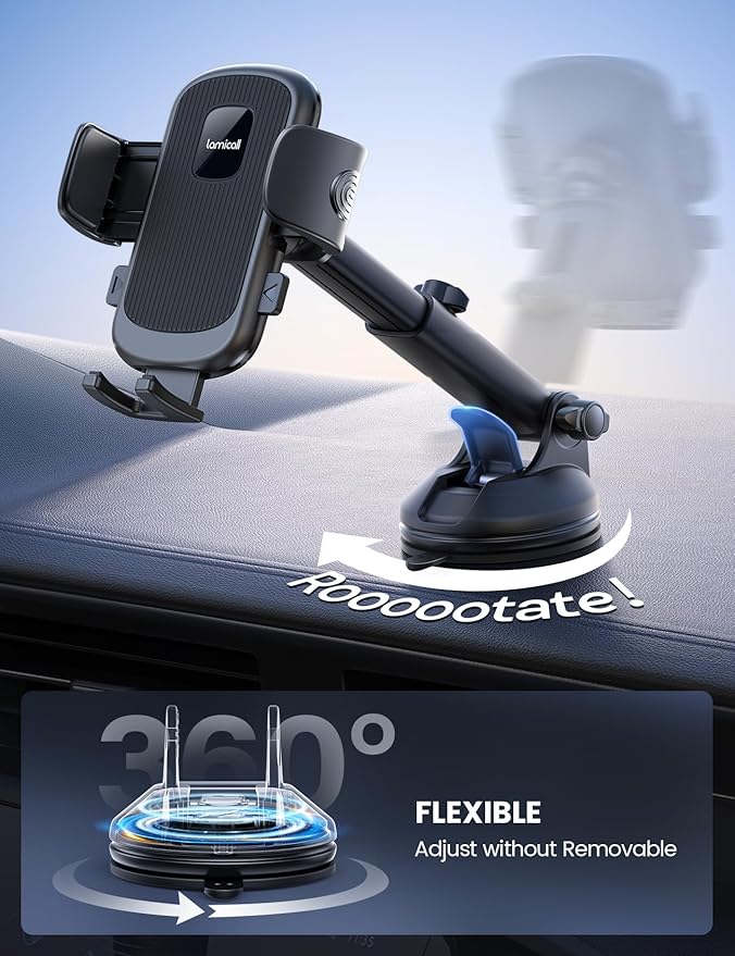 Lamicall Car Phone Holder Mount [3-in-1 Military-Grade Suction Cup] 360° Rotation Phone Holders for Your Car [Metal Hook] Cell Phone Car Mount Dashboard Vent Windshield for iPhone 16 All Smartphone