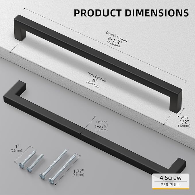goldenwarm 2Pack 8INCH Matte Black Cabinet Pulls Kitchen Hardware, 204mm Square Bar Pulls for Cabinets Hardware, Black Drawer Pulls 8-1/2in Overall Length