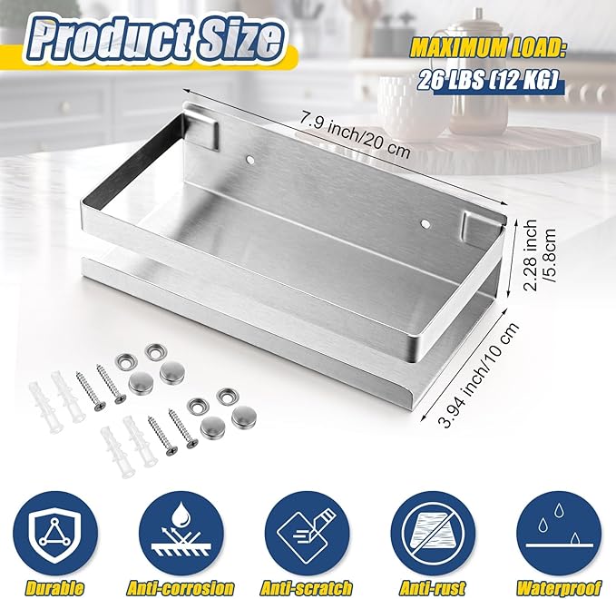 Lallisa 2 Pieces Stainless Steel Shelf Bathroom Shower Floating Shelves Wall Mounted Shower Caddy Basket Shelf Storage Organizer Shelves for Bathroom, Kitchen, Living Room (7.87 Inches/ 20 cm,Silver)