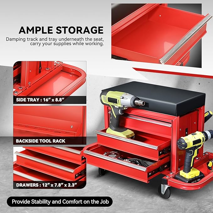 Auto Dynasty 3-Drawer Mechanic Rolling Seat, 350 LBS Capacity Roller Garage Shop Seat with Storage Tool Tray for Workshop, Repair Shop, Warehouse, Red