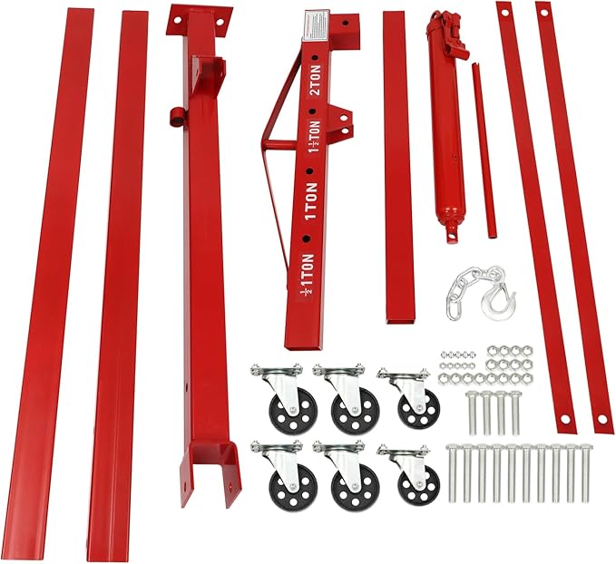 2 Ton(4409lbs) Folding Engine Hoist Heavy Duty Carbon Steel Hydraulic Shop Engine Crane Cherry Picker Shop Crane Hoist Lift with 6 Iron Caster Wheels for Car Fixing Workshop Garage (Red)