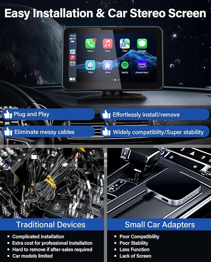 7" HD Apple Carplay Screen for Car，2-in-1 Wireless CarPlay Suitable for Apple CarPlay and Android Auto, Apple CarPlay with GPS Navigation, Voice Control, Mirror Link, Bluetooth for Most Vehicle