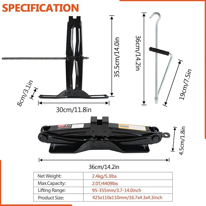 Car Jack Kit Scissor Jack for Car-2Ton(4409lbs),Portable Jack Tire Change Kit Deal for SUV Auto with Crank Handle,Heavy Duty Steel,Black
