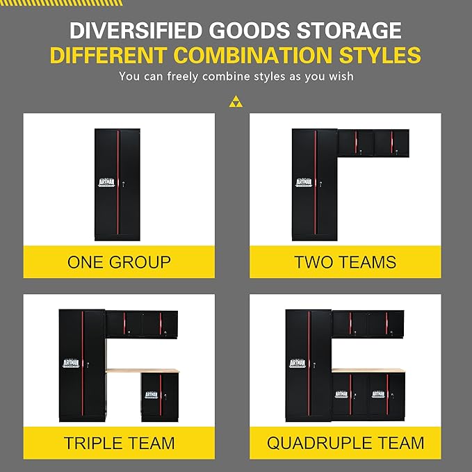 Garage Storage Cabinets System, 6-Pcs Workshop Cabinet Set in Black and Red, Included Steel Cabinets, LED Lights, Wood Panel, Key Locking, Adjustable Door Panels and Legs