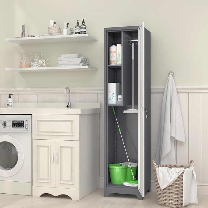 GREATMEET Slim Lockable Garage Storage Cabinet, Narrow Broom Storage Closet, 65" Metal Cleaning Tool Cabinet with Lock and Door,Utility Cabinets for Brooms and Mops for Laundry Room, White&Grey