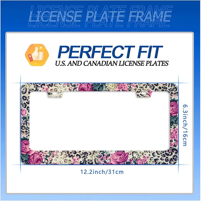 Rose Leopard Print License Plate Frame Vintage Floral License Plate Stainless Steel Funny License Plate Holder Cheetah Car Accessories Decoration with Screws Fits Standard Vehicles Size 12.3" x 6.3"