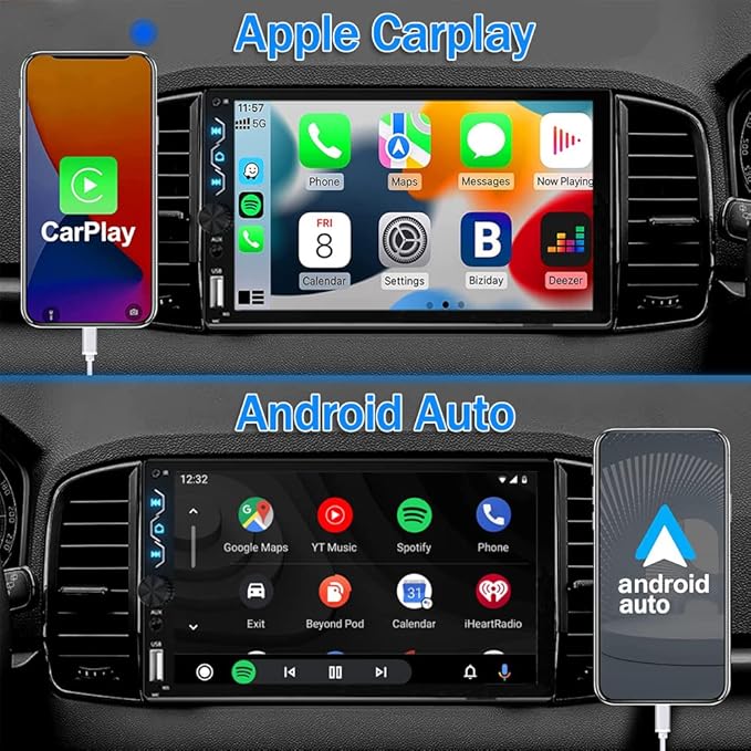 Leadfan Double Din Car Stereo with Apple Carplay and Android Auto,7 Inch Full HD Touchscreen Car Radio Bluetooth, Car Stereo with Backup Camera,Support Mirror Link,Steering Wheel，USB/AUX/Subwoofer