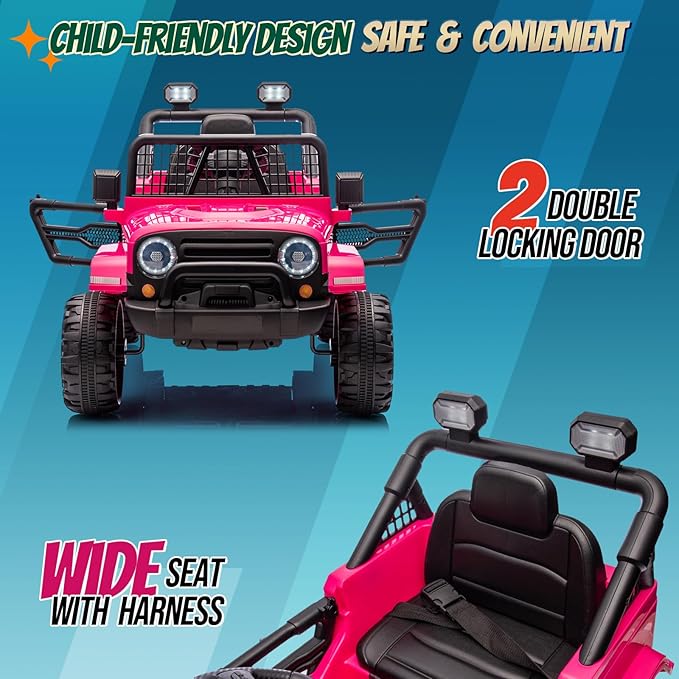 JOYMOR 12V Kids Ride on Truck with Remote Control, 4 Wheels Battery Powered Kids Car, Electric Play Car with LED Lights/Horn/Remote and Manual Control/3-5 MPH Speed/Gift for Girl Boy (Hot Pink)