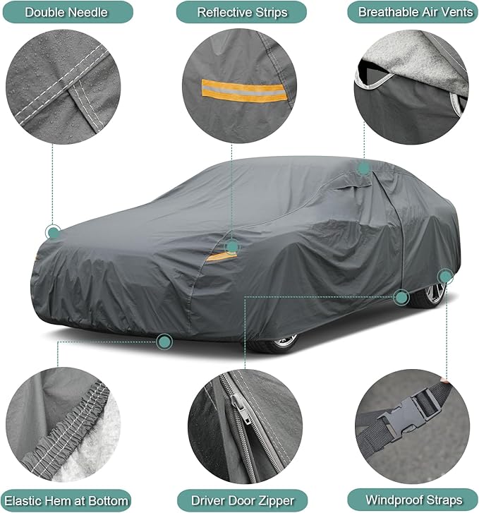 16 Layers Car Cover Waterproof All Weather, Heavy Duty Full Exterior Cover Universal Fit Coupe Pontiac Firebird/Trans Am, Chevy Malibu/Chevelle, Dodge Charger, Hyundai Genesis, Jaguar XJ etc.