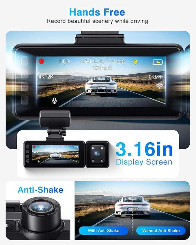 3 Channel 4K Dash Cam, IMX335 STARVIS Sensor, 4K+2K Front and Inside, 2K+1080P+1080P Front and Rear Inside Dash Camera for Cars, Free 64GB Card, Built in WiFi GPS, Intelligent Voice Control