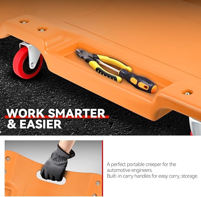 Auto Dynasty 36 Inches Mechanic Creeper, Automotive Garage Repair Low Profile Under Car Rolling Creeper with Padded Headrest, Plastic, Orange