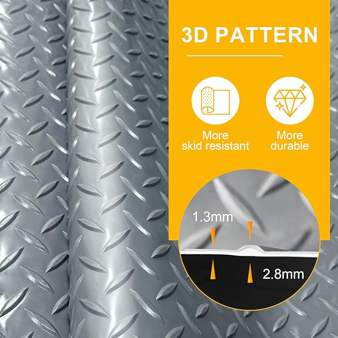 4x8FT Garage Floor Mat, 2.8mm Thickened Flooring Roll for Under Car, Golf Cart Parking Mat, Diamond Plate PVC Rubber Motorcycle Mat, Non-Slip Floor Protector for Garage Warehouse Trailer, Grey
