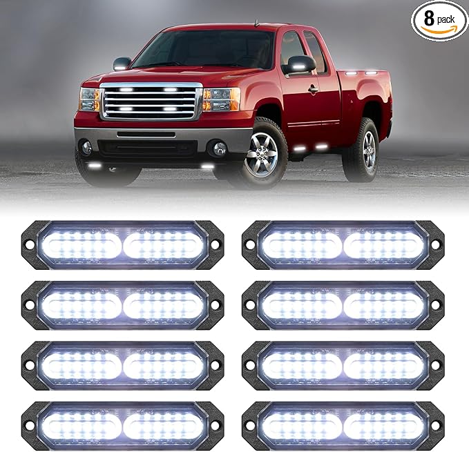 HLauto 1200T Emergency Strobe Grille Lights: 8pcs 12 LED Sync Feature Safety Warning Flashing Light, Ultra Slim Surface Mount Hazard Caution Light for Trucks, Vehicles, Car, ATV, UTV (White)