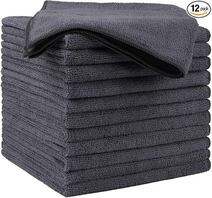 HOMEXCEL Microfiber Cleaning Cloths 12 Pack, Premium 16 x 16 inch Microfiber Towel for Cars, Ultra Absorbent Car Washing Cloth, Lint Free Streak Free Wash Cloths for Car, Kitchen, and Window, Grey