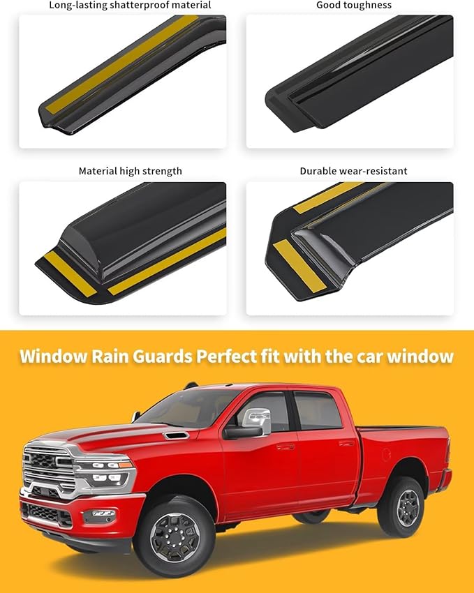 in-Channel Window Rain Guards Fit for Truck Dodge RAM 2500 3500 2019-2025 Crew Cab Extra Durable Window Visors Window Deflectors Vent Visors Vent Shades Car Accessories-4 pcs 2-Q07