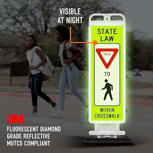 State Law Yield For Pedestrian Within Crosswalk R1-6a MUTCD Sign, Double Sided 3M Engineer Grade Reflective, Portable Rubber Base, Impact Resistant Plastic Frame