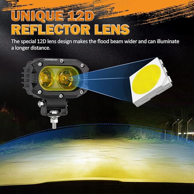 Auxbeam 4 Inch LED Amber Pod Light, 5050 Driving Light 60W Yellow Flood Beam Square Pod Fog Light with DT Wiring Harness for Motorbike SUV ATV Truck Jeep Boat Tractor Forklift (2 Pcs)