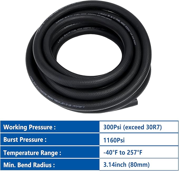 LokoCar 5/16" ID Fuel Hose Line Push Lock NBR Rubber SAE 30R7 300PSI 25ft Black