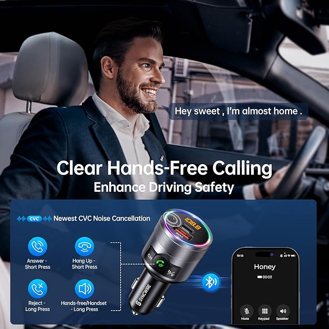 Syncwire Bluetooth 5.4 FM Transmitter for Car, 38W PD&QC3.0 Dual USB Charging Bluetooth Car Adapter Microphone & Bass Sound MP3 Music Player FM Kit with Hands-Free Calling