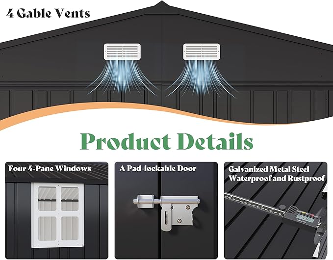 AMERLIFE 13.2x21x8.4 FT Outdoor Metal Garage Shed, Extra Large Storage Shed with Double Hinged Doors, 4 Windows, Carport for Car, Truck, Bicycle and Lawn Equipment, Dark Grey