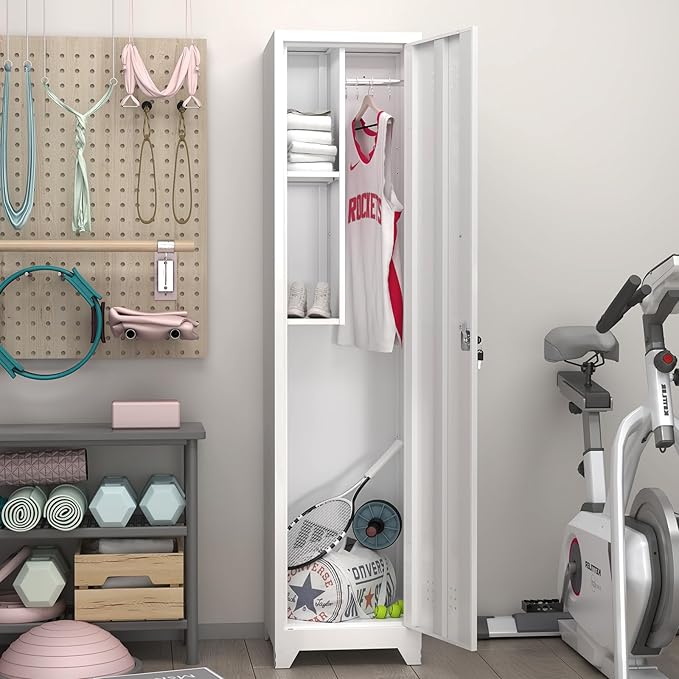 GREATMEET Slim Broom Closet Storage Cabinet, Narrow Utility Closet, 65" Metal Cleaning Supply Storage with Lock and Door,Utility Cabinets for Brooms and Mops for Laundry Room, White