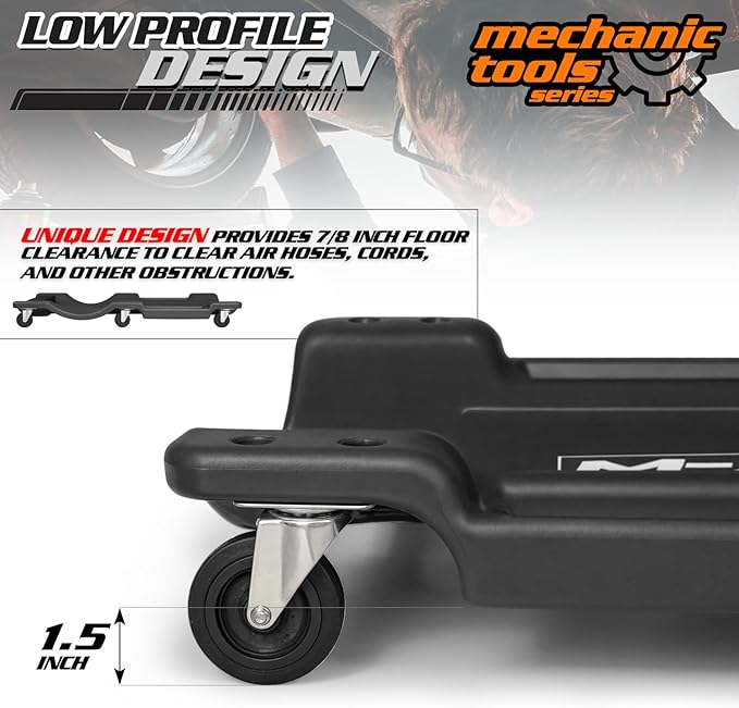 M-AUTO Mechanic Roller Creeper with Padded Headrest, Dual Tool Trays Rolling Creeper for Garage Shop Auto Work Repair, 40" Light Weight Mechanic Cart, Black