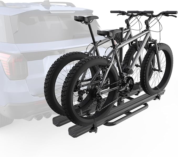 Aluminum 2 EBikes Rack Foldable 2'' Hitch Mounted Carrier Racks w/Ramps Over 200lbs Capacity for 5 inch Fat Tire Heavy Duty Universal E-Bike Racks for SUVs Cars Trucks RV 2-Inch Receiver