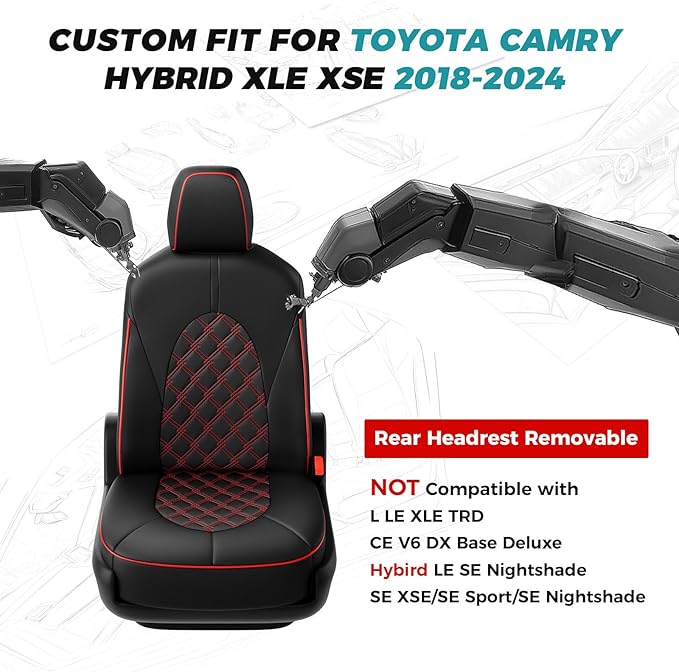 for Toyota Camry Seat Covers Hybrid XLE XSE 2018 2019 2020 2021 2022 2023 2024 - Custom Car Seat Cover Full Set, Waterproof Breathable Cushion Protector, Leather Seat Cover for Cars Black Red