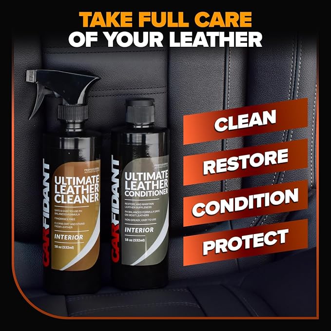 Carfidant Leather Cleaner & Conditioner Kit - Car Seat, Couch, Sofa, Shoes, Bags, Furniture - Restores & Protects - Includes Cleaning Pad & Microfiber Towel - pH Balanced Leather Care