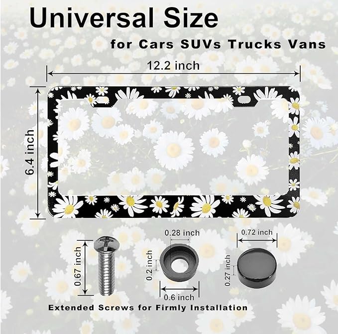 2 Pack Universal Daisy Floral License Plate Frame - Heavy Duty Rustproof Aluminum Matte Black Daisy Car Tag Holder Cover Bracket Fits All Vehicles, Easy Install with Screws Included