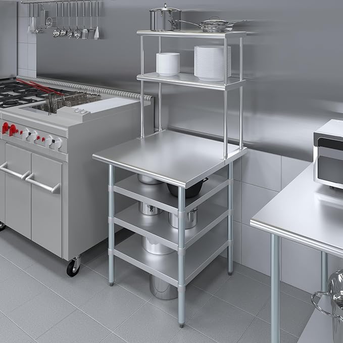 Amgood 30" x 30" Stainless Steel Work Table with 3 Shelves and 12" Wide Double Tier Overshelf | Metal Kitchen Prep Table & Shelving Combo | NSF