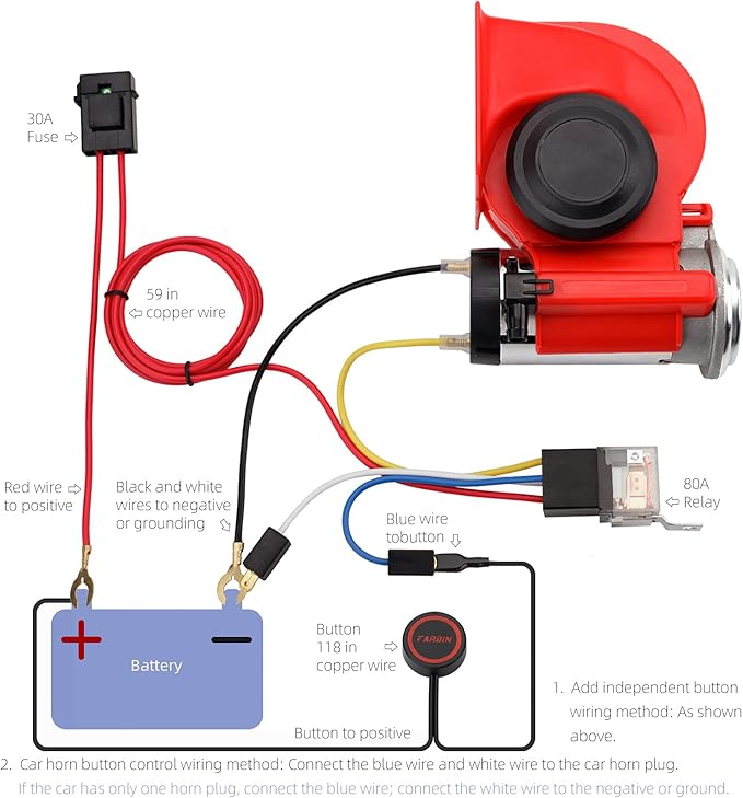 Train Horns kit for trucks,Air Horn for Motorcycle,Train Sound Car Horn Kit 12V Super Loud Electric Bull Horn(red horn with wire and button, 12v)