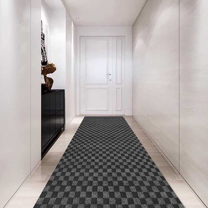 Custom Size Backed Non-Slip Area Rugs Runner, Easy Clean, Waterproof Runner Rugs for Hallway Entryway, Kitchen, Laundry, 3FT x 42FT, Gray Checkered