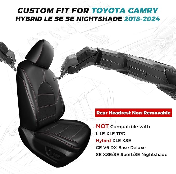 for Toyota Camry Seat Covers Hybrid LE SE 2018 2019 2020 2021 2022 2023 2024 - Custom Car Seat Covers Full Set, Leather Seat Cover for Cars, Waterproof Breathable Cushion Protectors Black Red