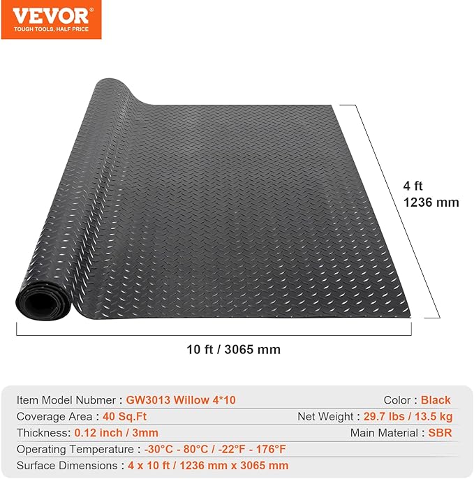 VEVOR Diamond-Plate Flooring Roll, SBR Rubber Mat, Easy to Clean, Gym & Garage Industry, Black