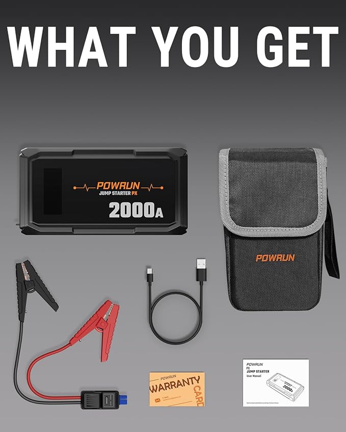 Powrun P-X Jump Starter, 2000A Portable Jump Box - Car Jump Starter Battery Pack for up to 6.0L Gas and 5.0L Diesel Engines, 12V Battery Jump Starter with Carry Bag