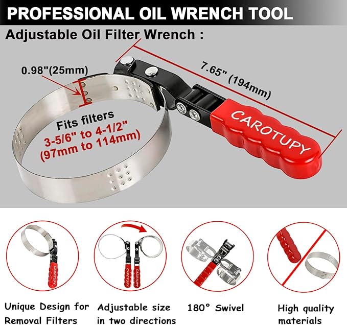 Medium Oil Filter Wrench, Oil Filter Removal Tool Adjustable from 3-5/6" to 4-1/2" for Cars, Motorcycles and Trucks