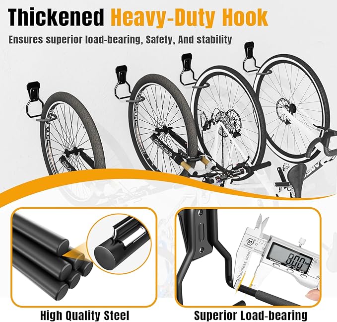 Wall Mount Bike Hooks Bike Hooks for Garage Vertical Bike Hanger for Indoor Use Heavy Duty with 8mm Thick Steel Frame 4PCS Storage System Black