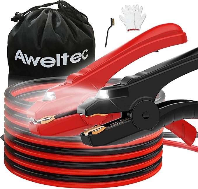 Jumper Cables with LED Light - 6 Gauge 16 Feet Battery Heavy Duty Booster Cables (6AWG x 16Ft) with Carrying Bag, Safety Gloves and Iron Brush