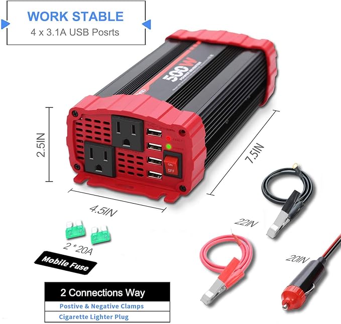 BYGD 500W Power Inverter, Car Charger Adpater DC 12V to AC 110V Car Power Converter 4 USB Quick Charging Ports and Dual AC Outlets Car Charger Adpater with Cigarette Lighter Cable and Battery Clamps