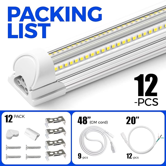 Barrina 8FT LED Shop Light, 100W 15000LM 6500K Super Bright White, Linkable Integrated T8 Shop Lighting with Clear Cover, V Shape 8 Foot LED Tube Lights, Ceiling Lights Fixtures for Garage, 12 Pack