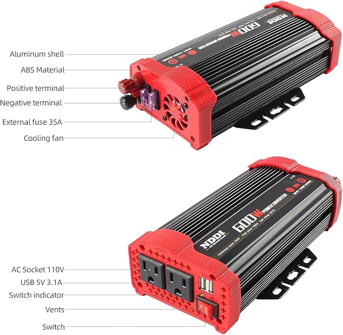 600W Car Power Inverter 12V DC to 110V AC Converter with 3.1 A Dual USB Quick Car Charger Adapter for Laptops and Smartphones