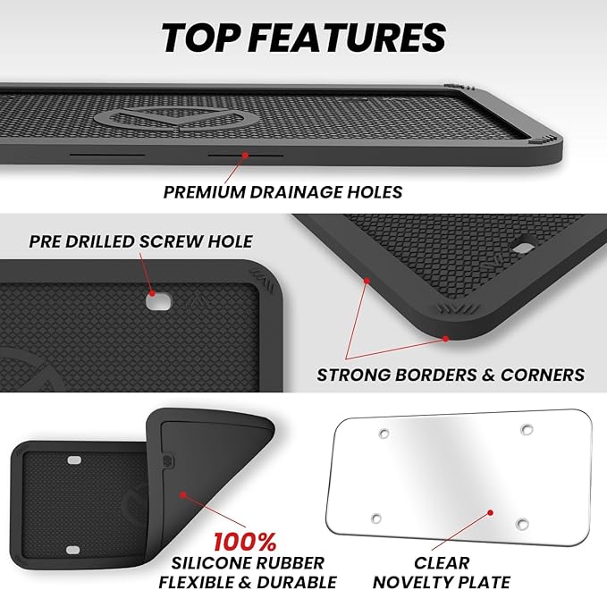 2 Pcs Silicone License Plate Frames with Polycarbonate Covers, Rust-Proof, Weather-Resistant, Easy Installation, Premium License Plate Protector for Cars with 2 Drainage Holes